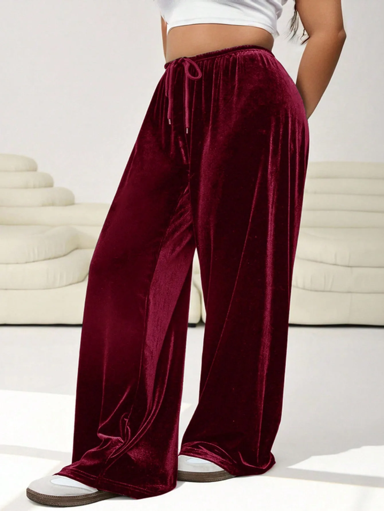 Women's velvet sweatpants with elastic drawstring waist, pure color, draping style, slimming, straight-leg, wide-legged trousers