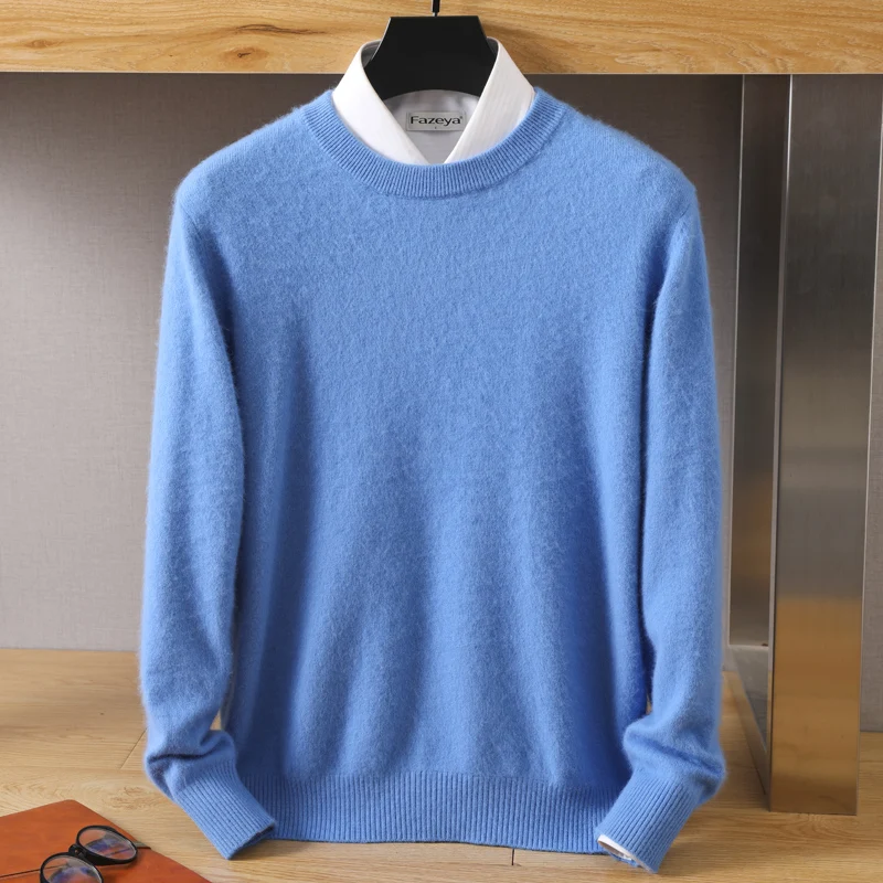 Jersey de punto holgado para hombre, jersey de terciopelo de visón puro, cuello redondo, manga larga, color sólido, para negocios, otoño e invierno, 100%