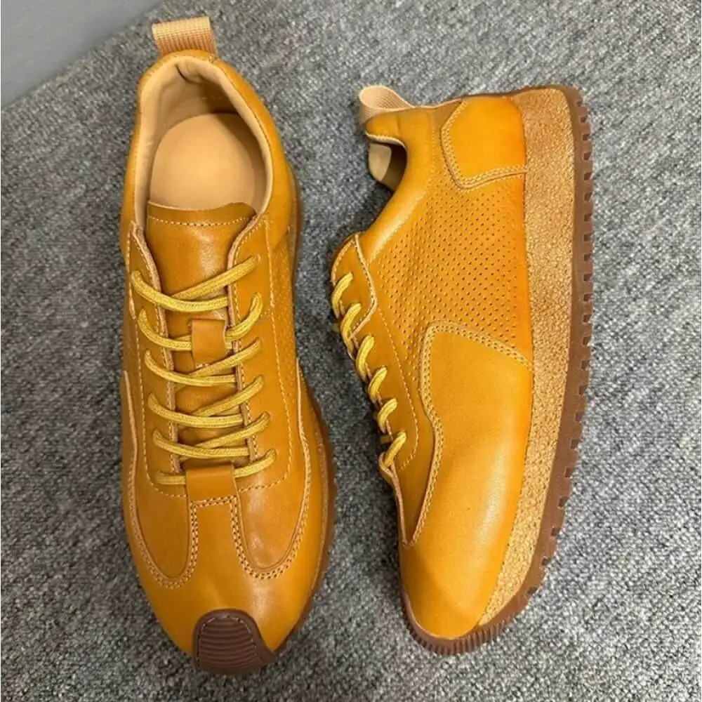 Caramel Yellow Perforated Leather Retro Sneakers, with matching laces and gum sole, breathable and stylish