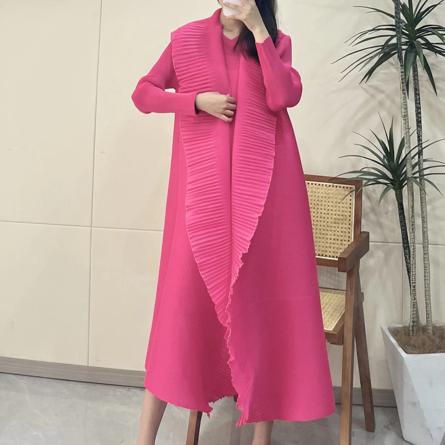 2024 New Miyake Fold Cardigan Ruffled Edge Explosion Elegant Dress Female Solid Color Long Dress Unique Belt Coat Women Cardigan