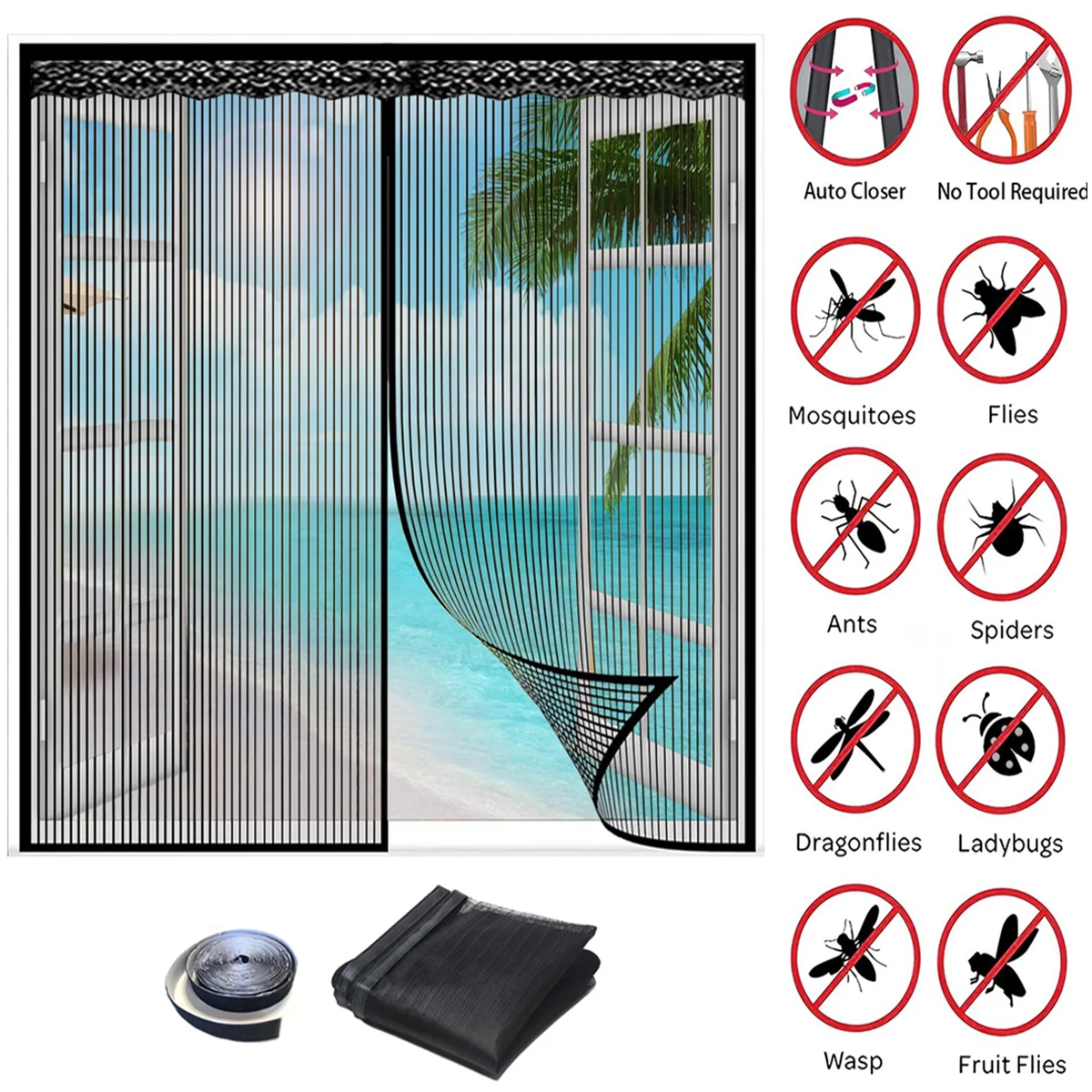 Magnetic Window Screen, Screen Door Mesh Window Screen Curtain, Magnetic Closing Door Screen to Keep Bugs Out, Black