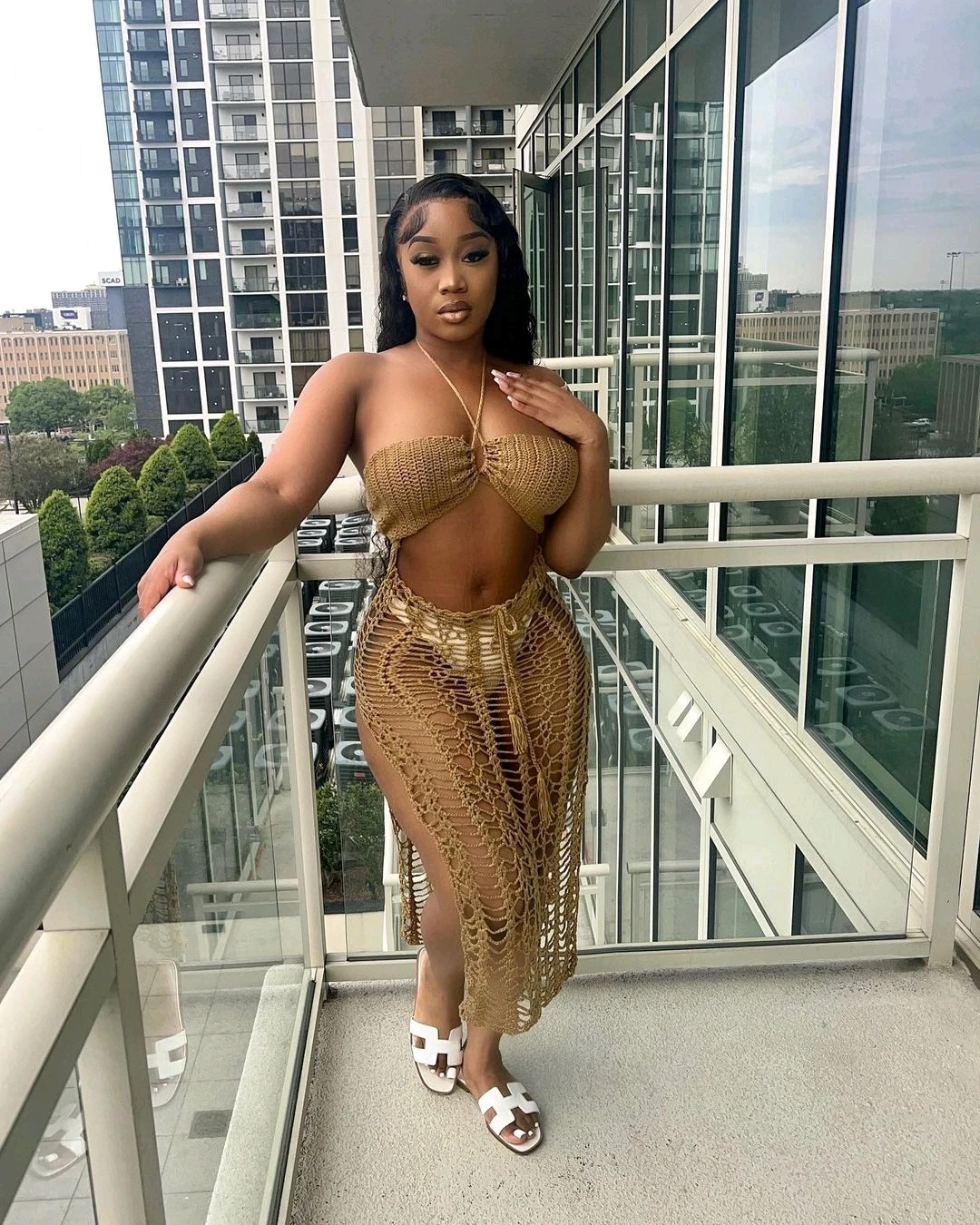 

Sexy Knitted Crocheted Beach Summer Dress Women Sexy Hollow Out Backless Split Crochet Dresses Solid Sleeveless Cover Up Robe