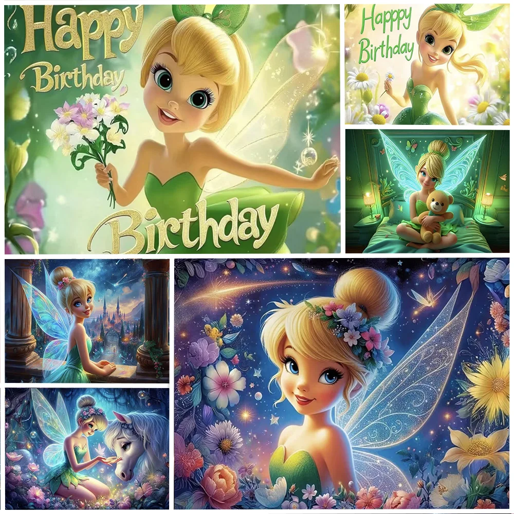 

Disney Fairy Tinker Bell Fairy Elves Birthday Party Decoration Background Cartoon Princess Backdrop Kids Gift Photography Prop