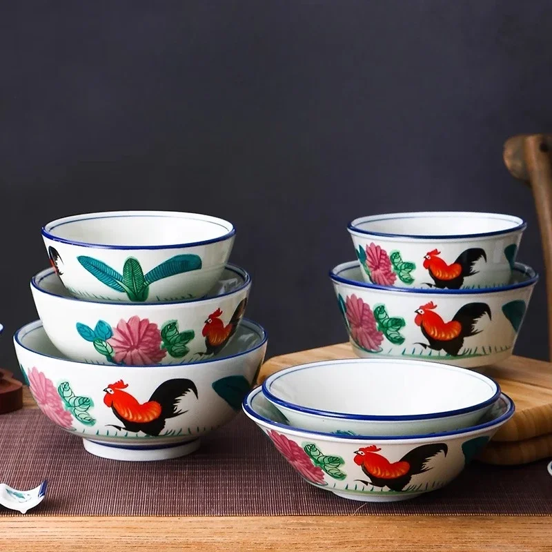Ceramics Rooster Bowl Old Style Nostalgic Rice Bowl Household Lamian Noodles Soup Bowl