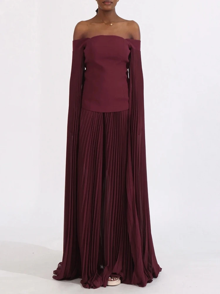 Women Pleated Skirts Two Piece Sets Sexy Claret Strapless Batwing Sleeve Top + Long Skirt Suits Evening Party Celebrity Set ﻿