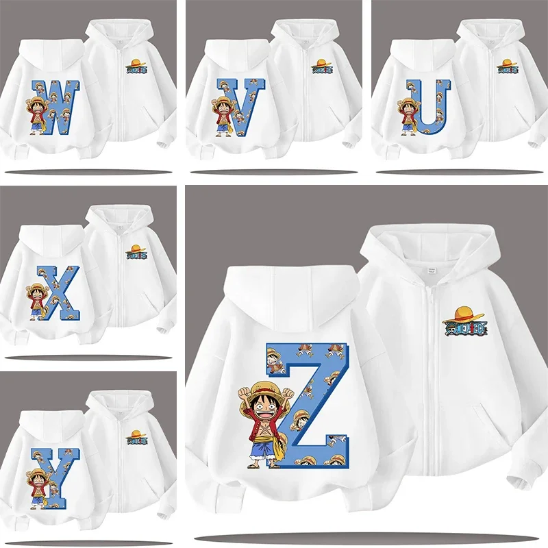 

boys' sport shirt or girls' casual top New model letter A-Z "One Piece" children's zipper hooded sweatshirt with cartoon print
