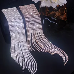 New Sparkle Wide Long Tassel Rhinestone Bracelet for Women Crystal Statement Bracelets Bridal Wedding Hand Jewelry Accessories
