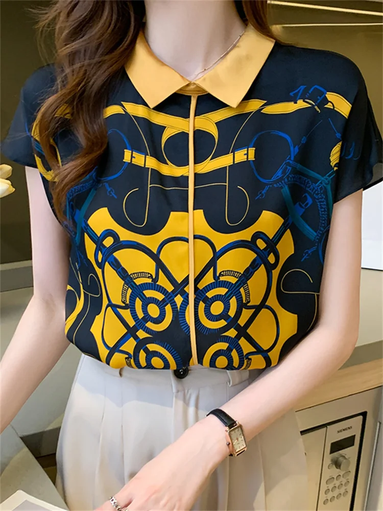 #3346 Vintage Printed Chiffon Blouse Women Polo Collar Satin Blouse Femme Raglan Sleeve Loose Womens Tops And Blouses Summer