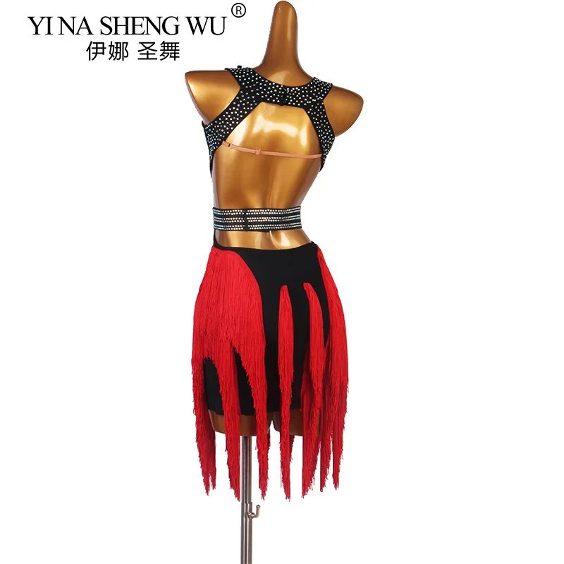 Professionelles lateinamerikanisches Tanz-Performance-Kleid, Quasten-Tanzkleid, Lunba Cha Cha-Tanzkleid, Schwarz, Rot, Damen, lateinamerikanische Performance-Kleidung