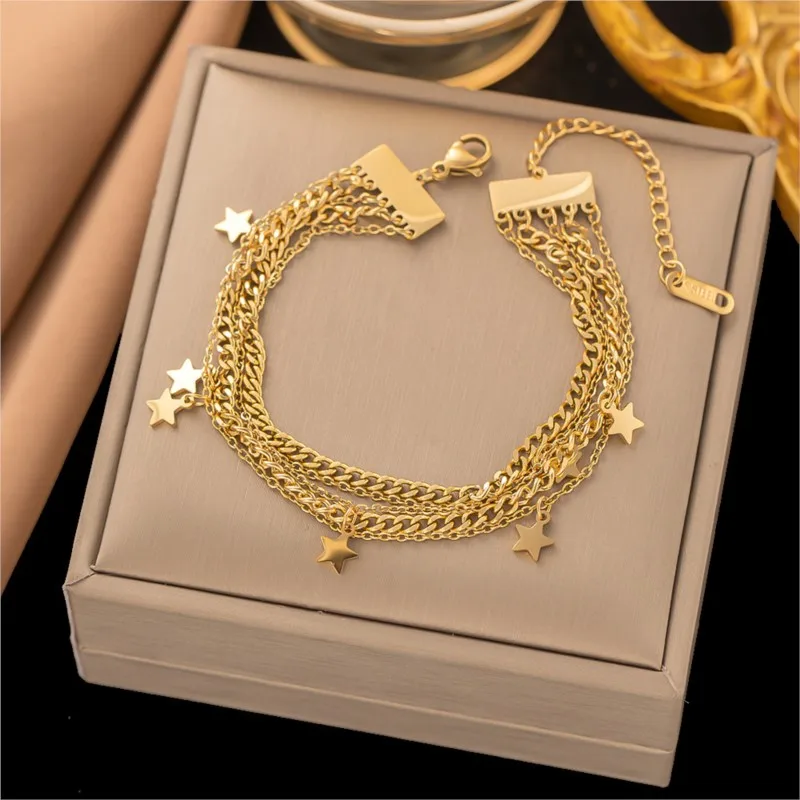 ANENJERY 316L Stainless Multi-layer Small Beads Heart Round Drop Bracelet for Women Fashion Popular Party Jewelry Accssory