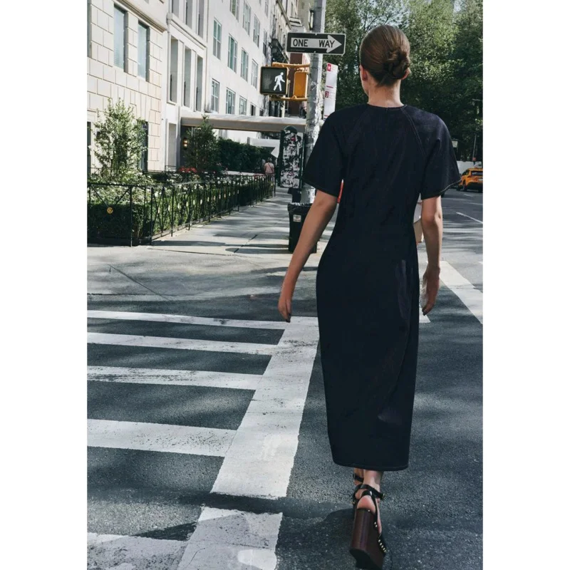 Vestido Jeans Longo F de Verão, Gola Redonda, Manga Curta, Corte em A, Acintu, em Camadas, Estilo Casual, Versão X...