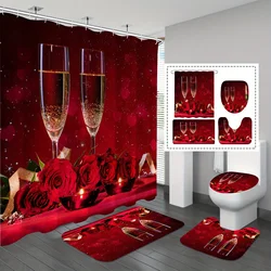Romantic Red Bathroom Set | Champagne Roses Print, Mats, Toilet Lid Cover, 4-Piece Set, Perfect for Valentine's or Wedding