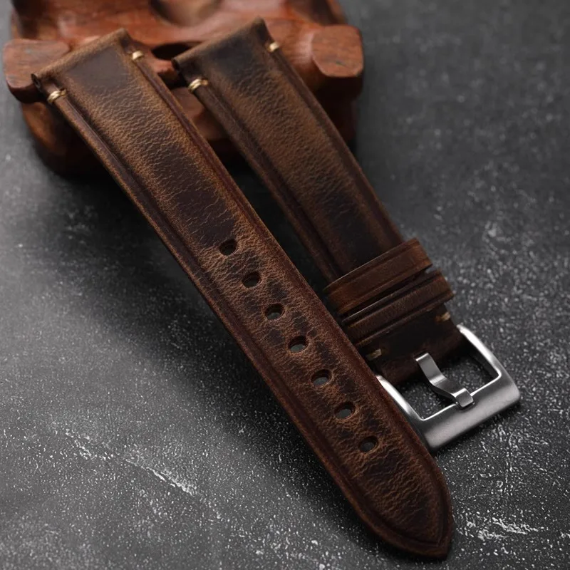 Handmade Vintage Crazy Horse Leather Genuine Leather Strap 18MM 19MM 20MM 21MM 22MM Brown Head Cowhide Bracelet