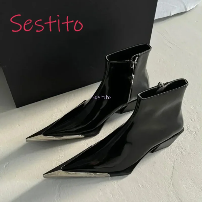 

Sharp Pointed Thick Heel Fashion Boots with Retro Bayonet Design Fashionable and Casual Versatile Side Zipper Chelsea Boots