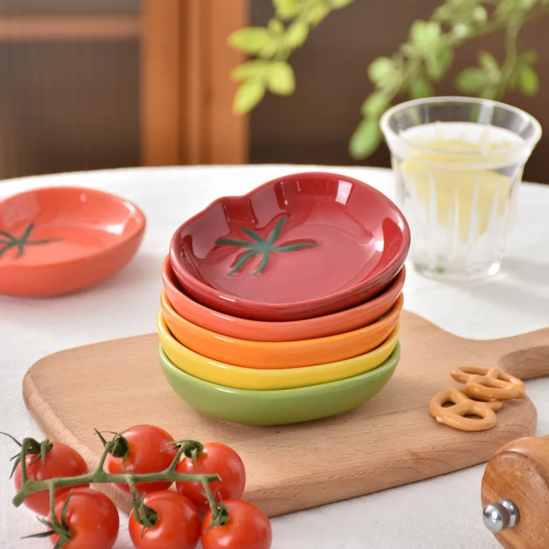 Cute Tomato Shaped Ceramic Dishes Seasoning Serving Dish Spice Snack Plates Fruit Sushi Bowl Kitchen Tableware Accessories