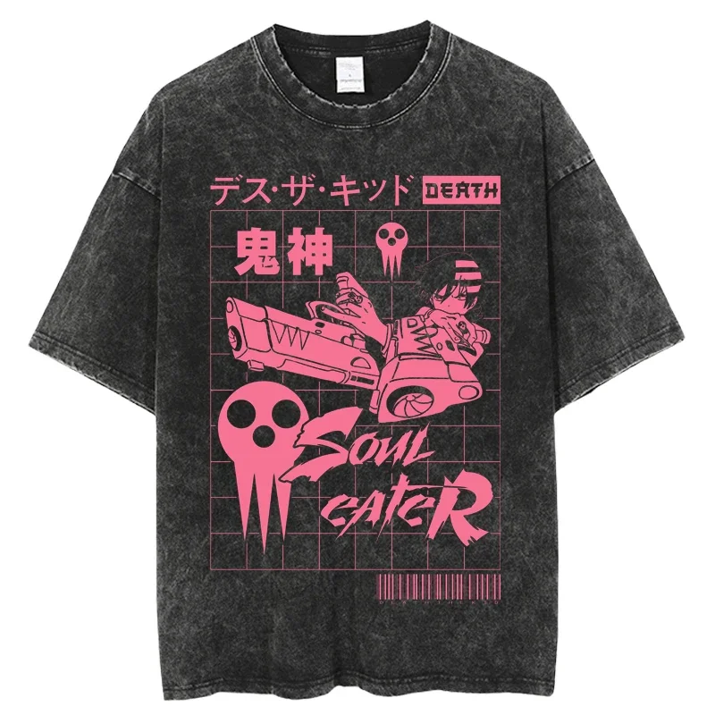 Punk Vintage Washed Tshirts Soul Eate Anime T Shirt Harajuku Oversize Tee Cotton fashion Streetwear unisex top