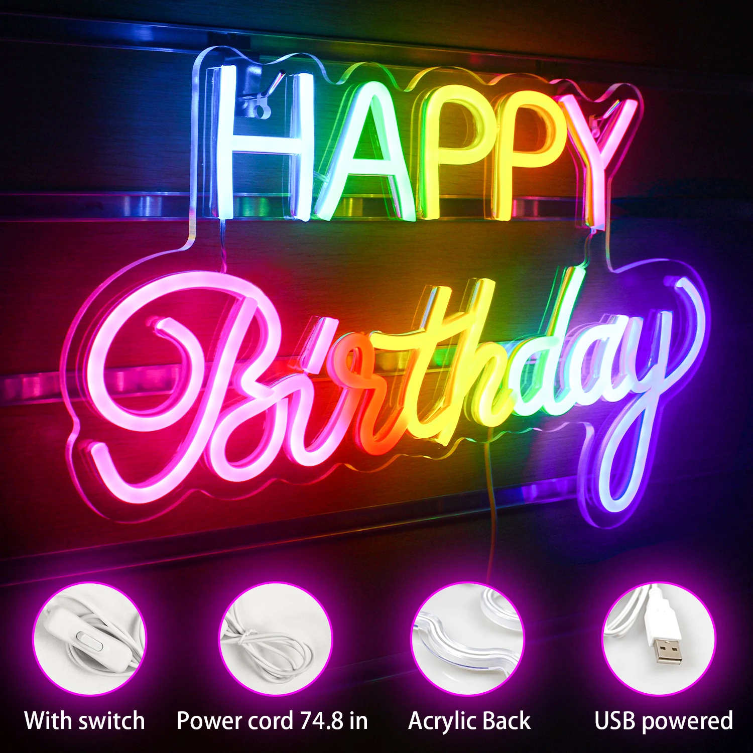 Happy Birthday Colour Neon Sign LED For Party Room Decor USB Powered Transparent Board Light Custom Lamp Home Decoration Items