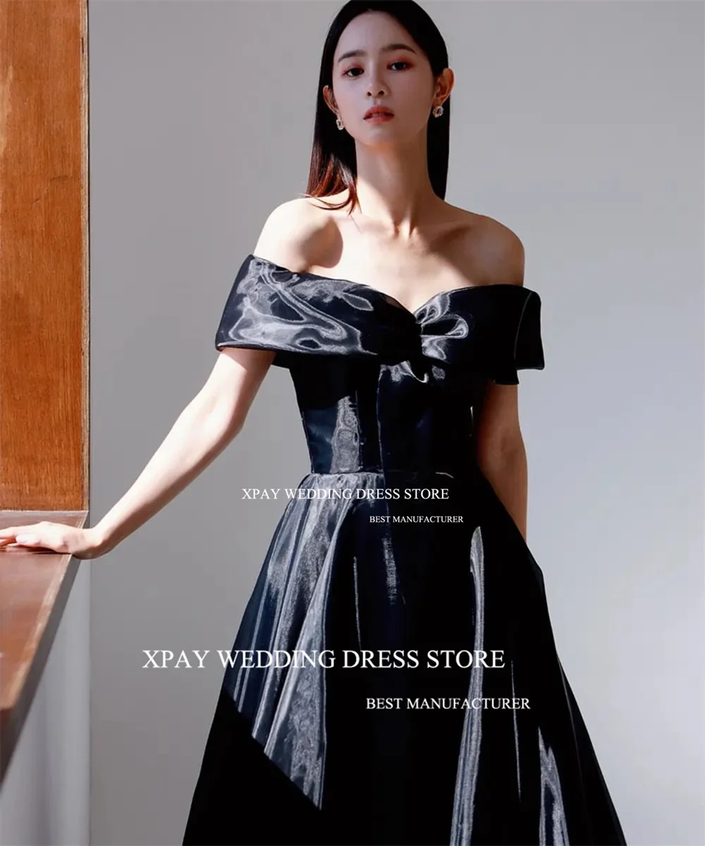 XPAY Off Shoulder Black Organza Korea Evening Dresses Shiny  Short Sleeve Drap Wedding Photo Shoot Customised Corset Bride Gown