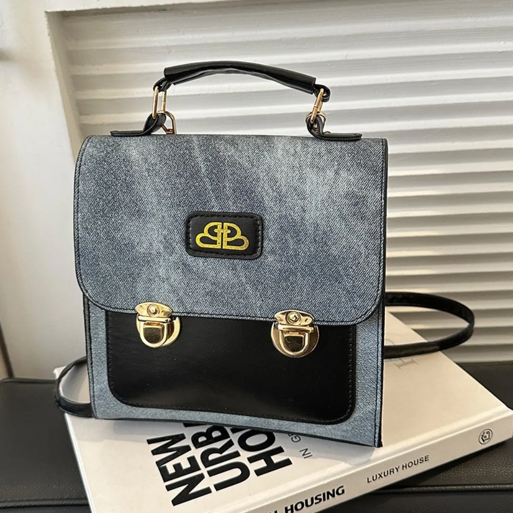Zaino in denim imitazione 2 in 1 Borsa da pendolarismo a doppio uso stile preppy Borsa da scuola multifunzione in pelle PU invernale