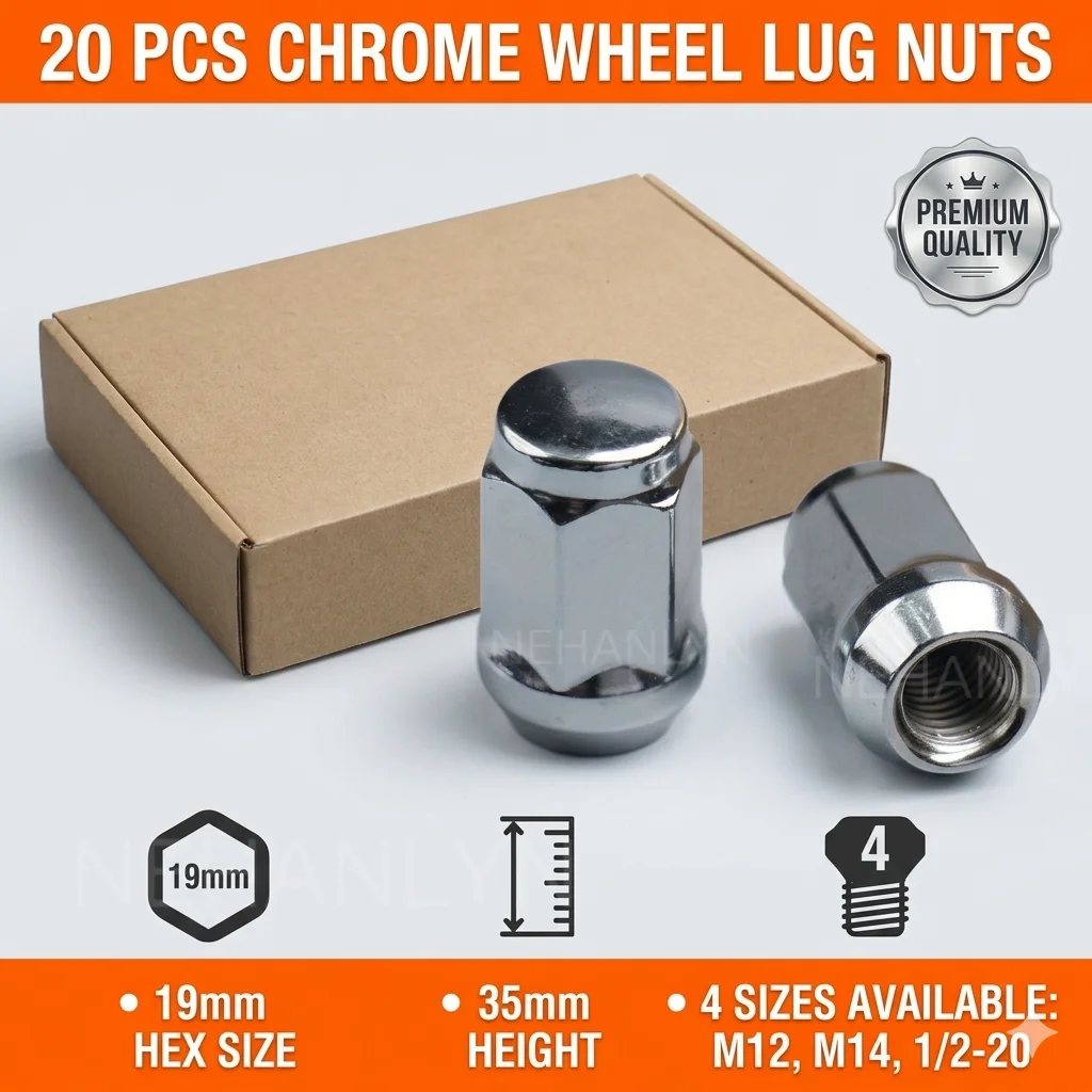 

20Pcs/Set 19mm Hex Car Wheel Lug Nuts 35mm Height Solid Steel M12x1.5 M12x1.25 M14x1.5 1/2-20 Universal Chrome Wheel Bolt Nut