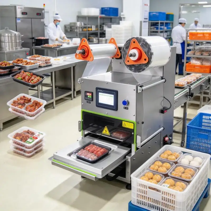 Nitrogen Injection Gas Flushing Vacuum Food Container Sealing Map Packing Machine