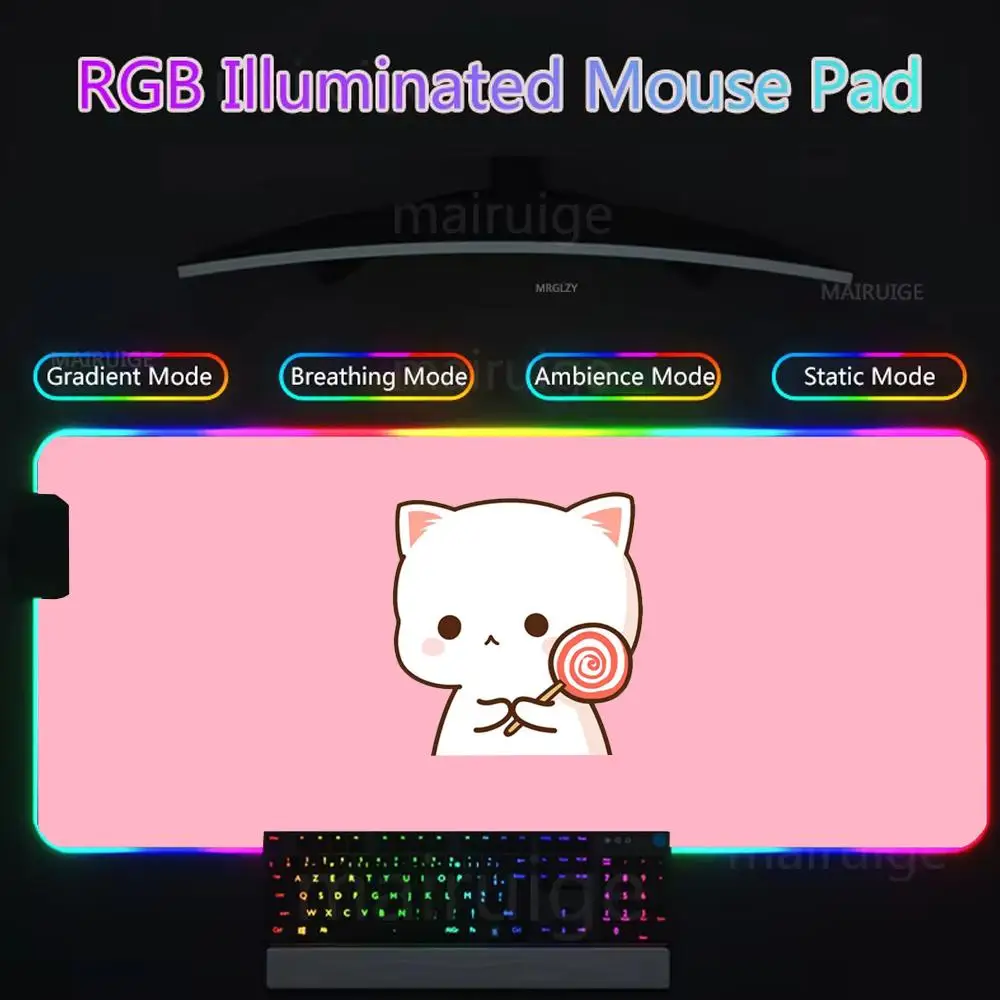 Peach Mochi Cat Gaming Mouse Pad Gamer Rgb Desk Mat Back Light Led Setup Gaming Accessories Deskmat Big Mousepepad Backlight