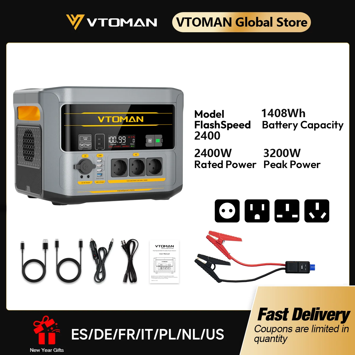 VTOMAN FlashSpeed 2400 Tragbare Stromstation mit 2400W / 1408Wh LiFePO4-Akku und USV-unterbrechungsfreier Stromversorgung, Autobatterie-Starthilfe für Camping und Notstromversorgung im Haushalt