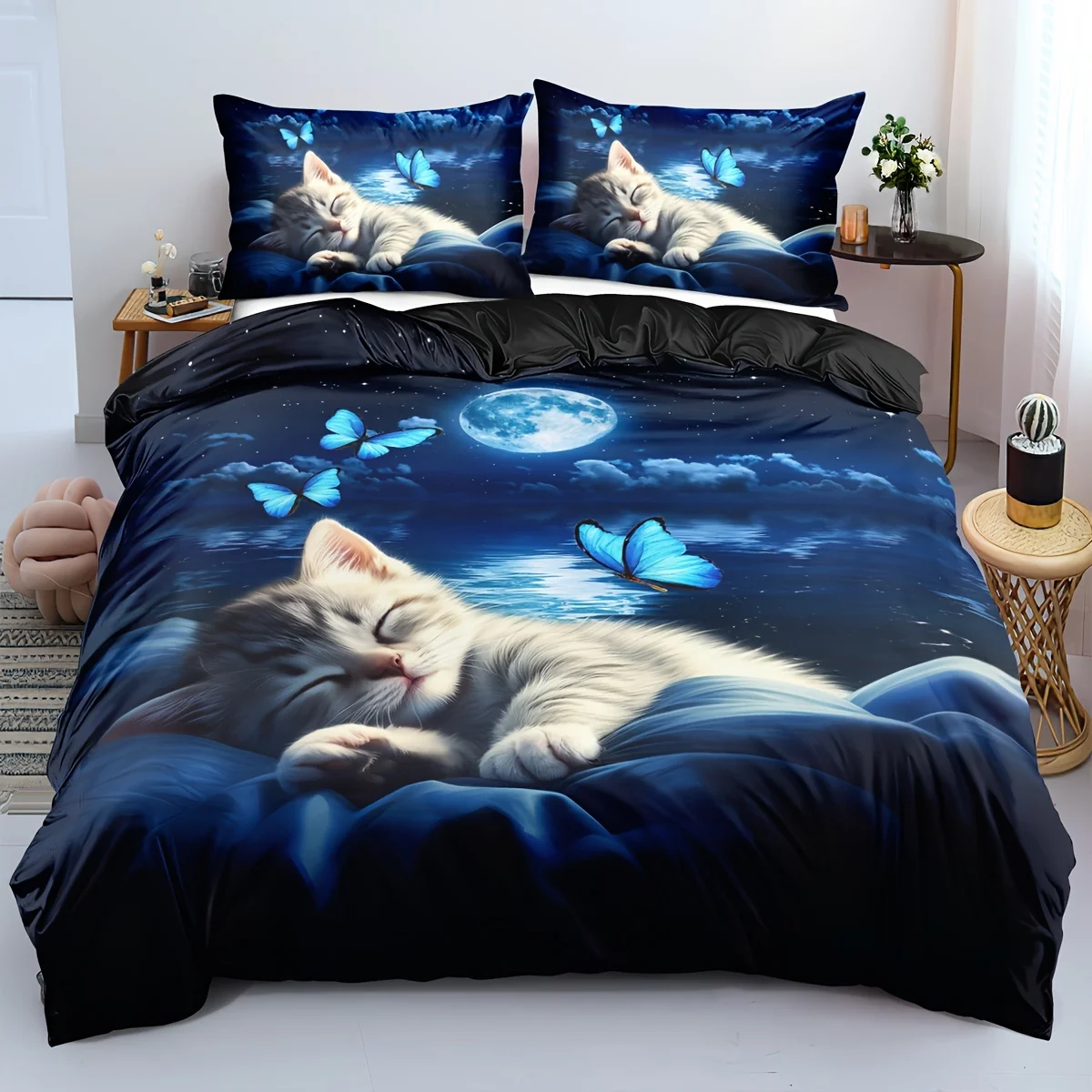 

Animal Print Polyester Duvet Cover Set with Zipper Closure - Breathable, All-Season Digital Printed Cat and Butterfly Theme