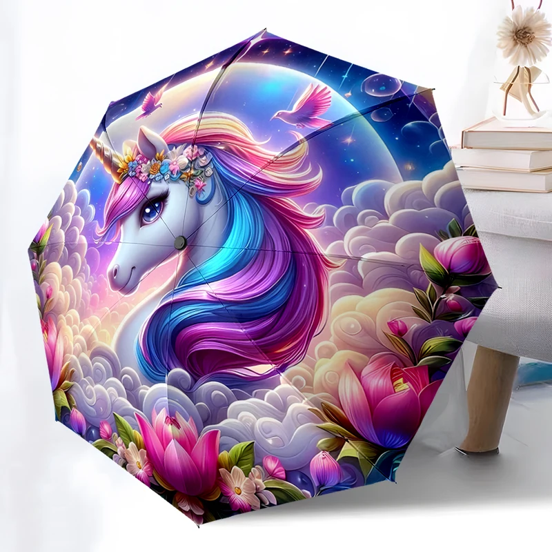 Unicorn Theme Design Folding Umbrella - Fashionable Auto-Open Design 8 Iron Ribs Plastic Handle Foldable Sunshade，Perfect Gifts