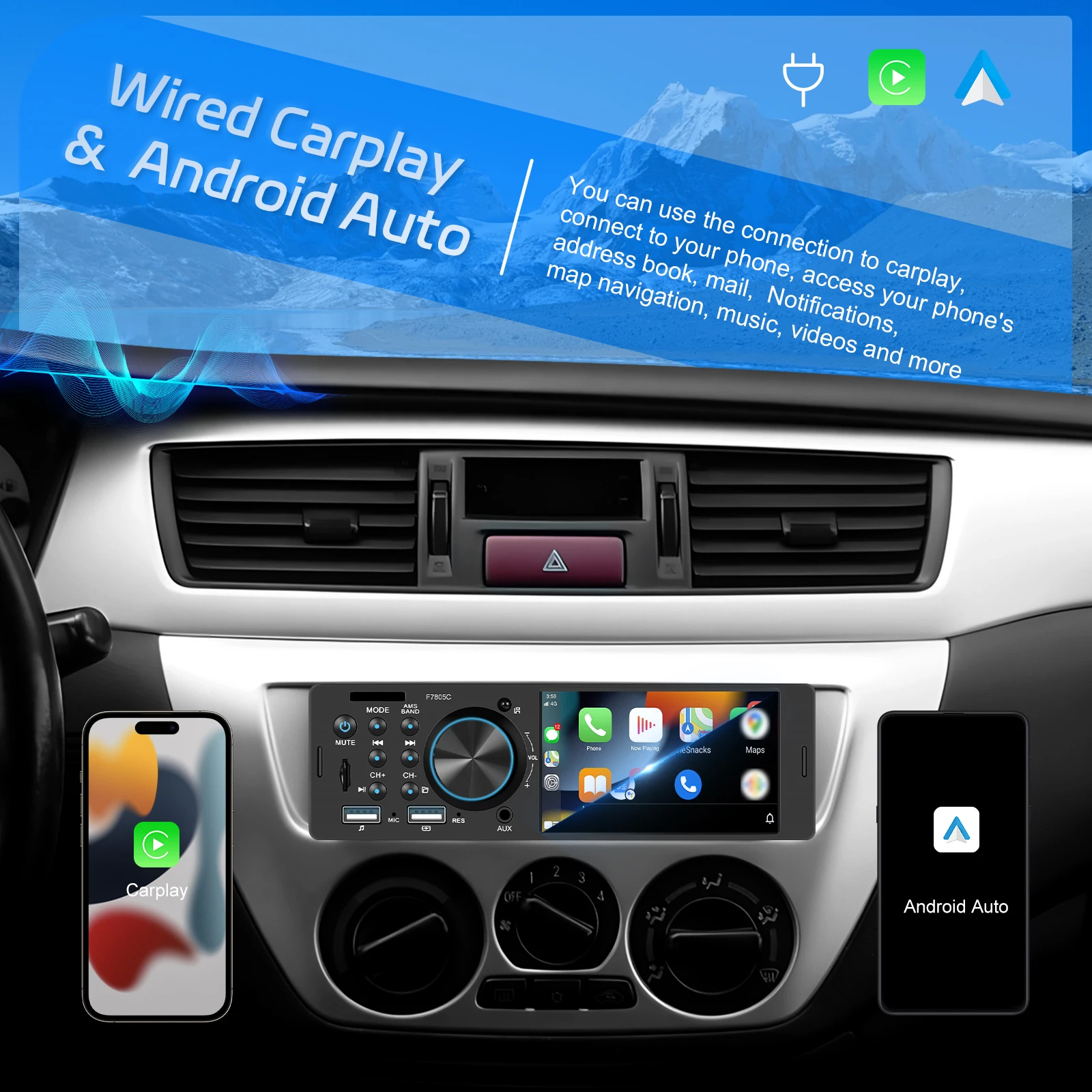 Podofo 1 Din 4" Radio Samochodowe Multimedialne MP5 z Ekranem Dotykowym HD, Carplay, Android Auto, Inteligentne Systemy Samochodowe, Radio Bluetooth FM