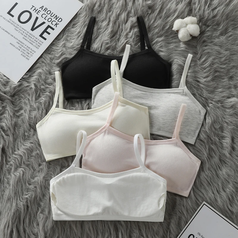Developmental stage girls' small backless cotton bralette with breathable mesh, anti-bump design for summer, 8-14 years old