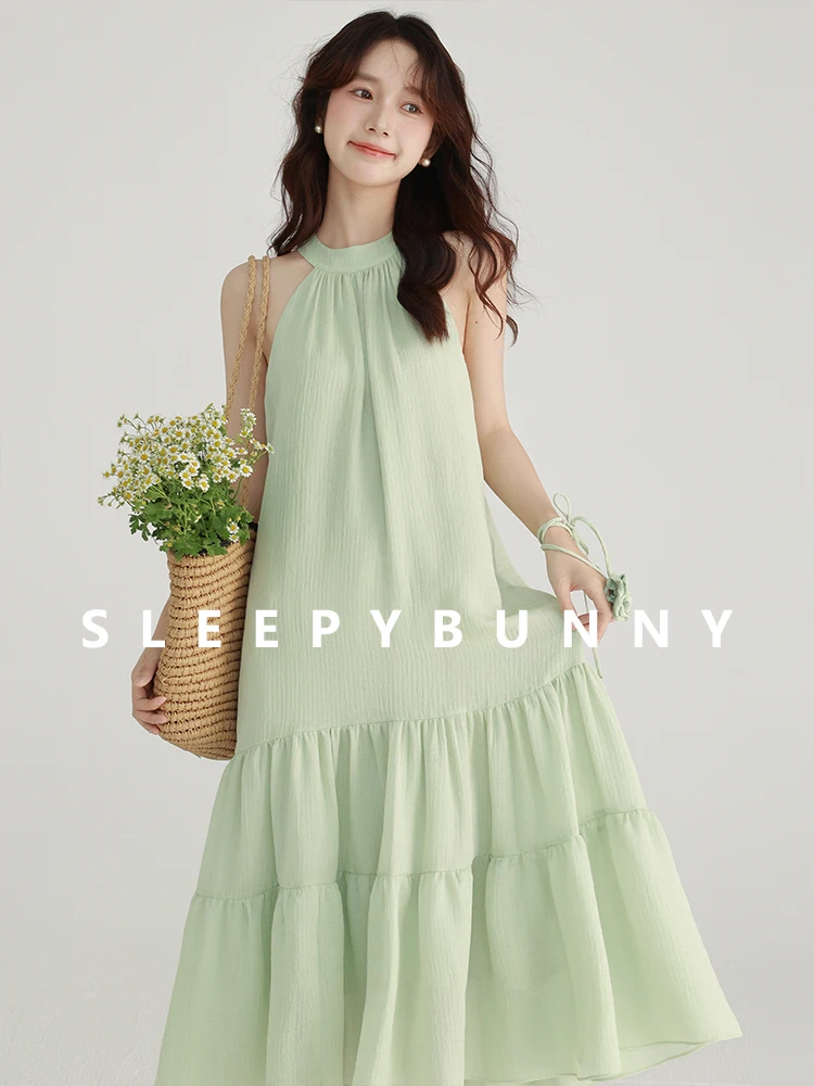 Feminino francês vintage halter pescoço vestido sem mangas fora do ombro solto ajuste em camadas maxi vestido para o verão chique fluindo vestido longo