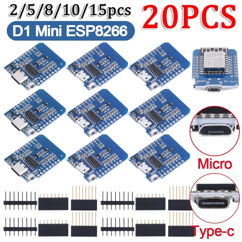 1-20PCS D1 Mini ESP8266 ESP-12F USB WeMos Nodemcu Lua WIFI Development Board NodeMCU Lua IOT Board 3.2V With Pins for Arduino