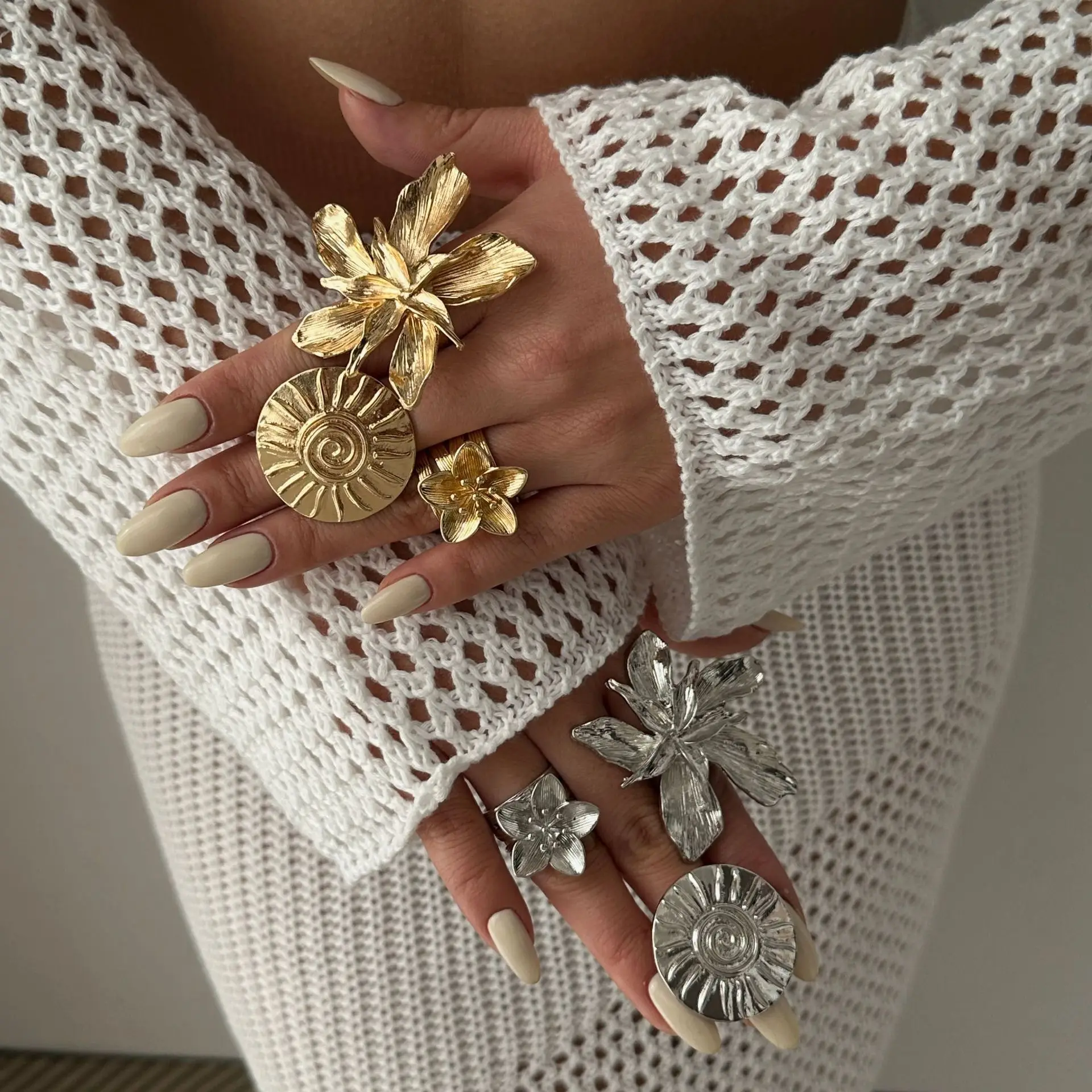 DIEZI 3 Style Korean Big Flower Geometric Rings For Women Punk Vintage Fashion Gold Color Geometric Knuckle Joint Ring Jewelry