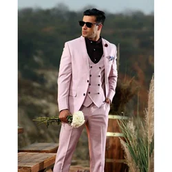 Trajes de muesca rosa para Hombre, chaqueta elegante de 3 piezas, pantalones, chaleco plano de longitud Regular, solapa de muesca de un solo pecho, conjunto de boda