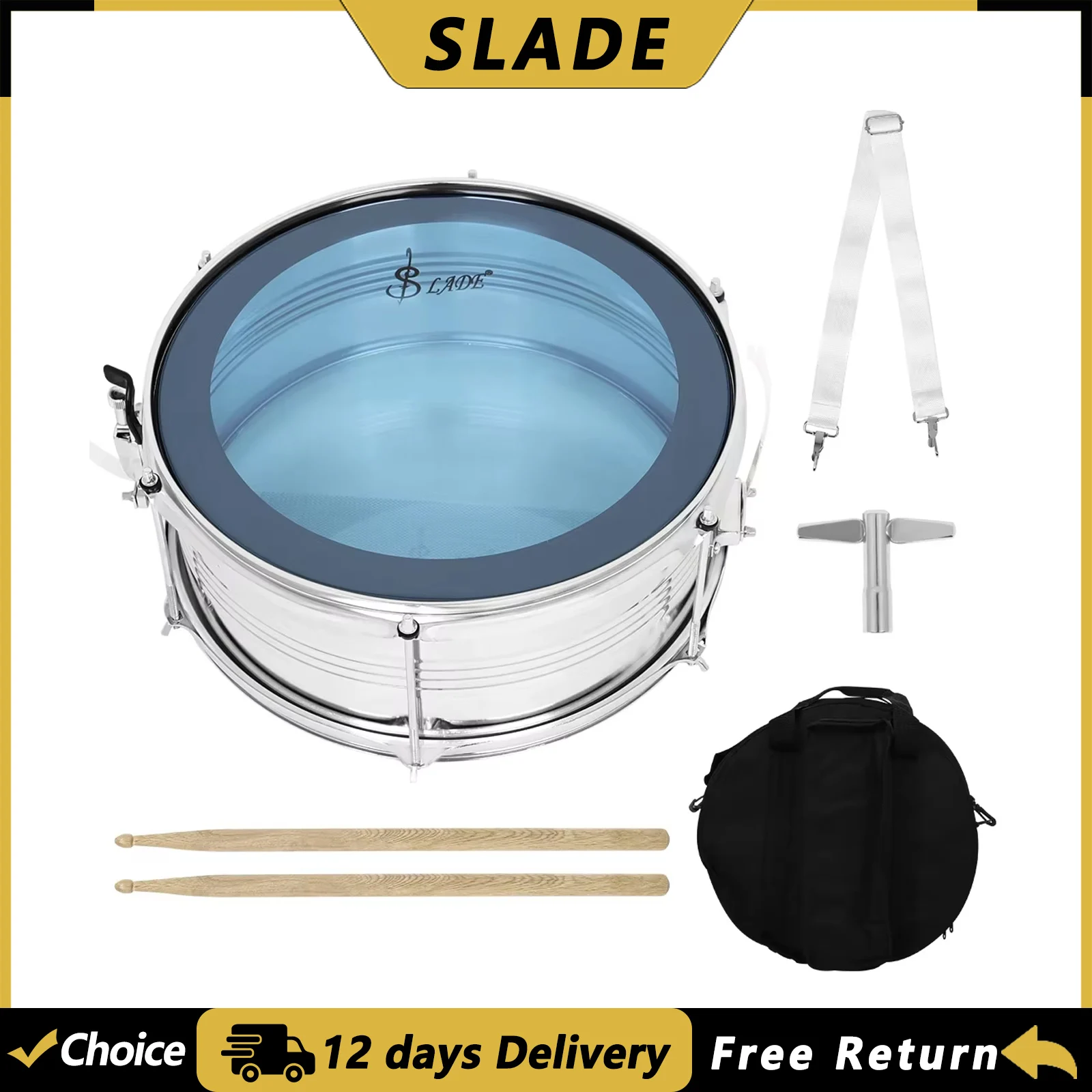 SLADE 14 Zoll Snare Drum Blau Metall Langlebige Snare Drum Perkussion Musikinstrument Performance-Trommel mit Tasche und Drumsticks