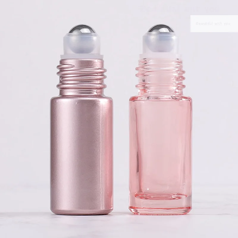 1PCS Glass Roll On Bottle 5/10ml Pink Roller Bottle Essential Oil Lip Gloss Refillable Tube Empty Jar Glass Perfume Bottle