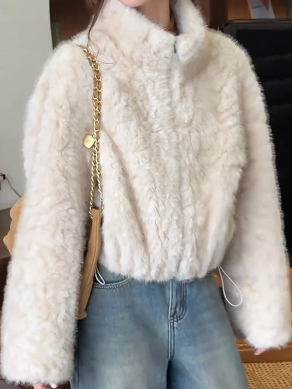 

Korean Style Short Plush Jacket Women's Winter New Fashion Lamb Fur Skin Integrated Thickened Drawstring Hem