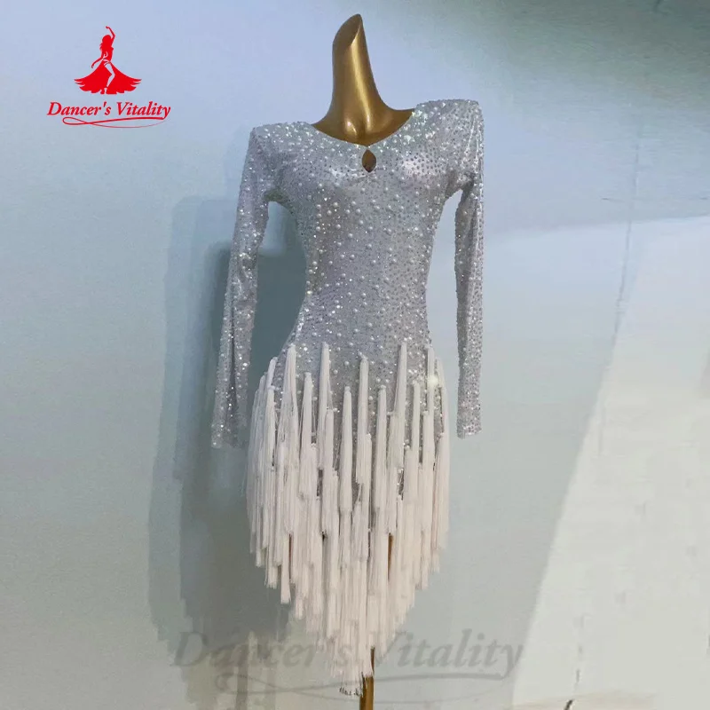 Latin Dance Competition Clothing Adult and Children Customized Luxury Full Diamond Tassel Dress Tango Samba Performance Dresses