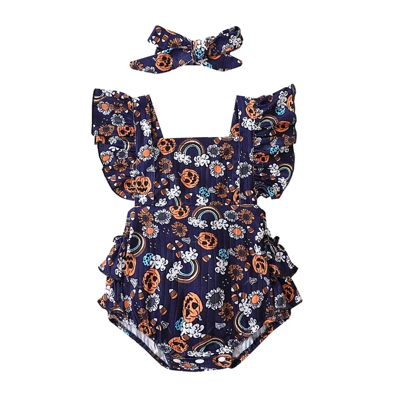 

Infant Girl Rompers Halloween Clothes Rainbow Flower Pumpkin Print Fly Sleeve Jumpsuits Newborn Baby Bodysuits with Headband