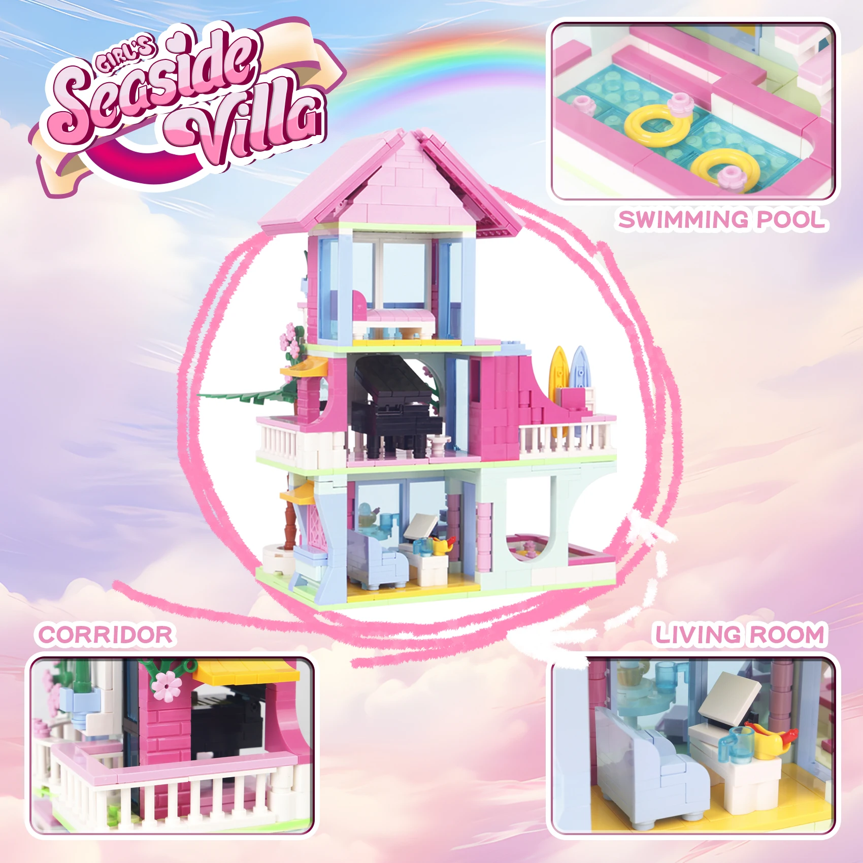 クリエイティブフレンドサマーヴィラ建築ビルディングブロックスイミング貧困MOC組み立てレンガおもちゃ女の子子供向けギフト