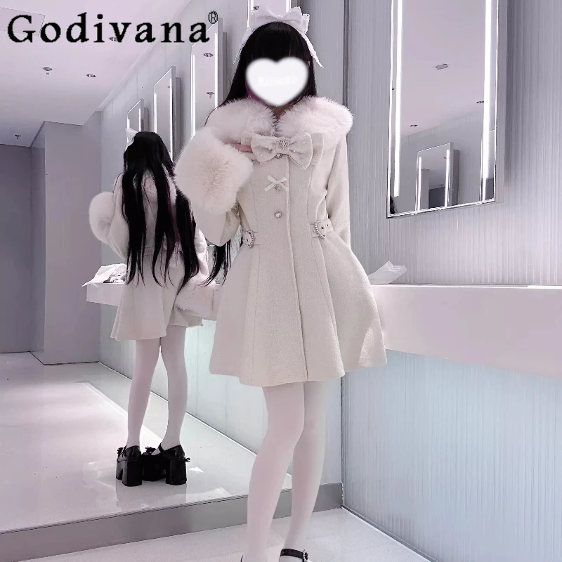 

Белое шерстяное пальто Japanese Mine Subculture, осенне-зимнее женское облегающее элегантное длинное пальто в стиле Лолиты со съемным воротником из искусственного меха