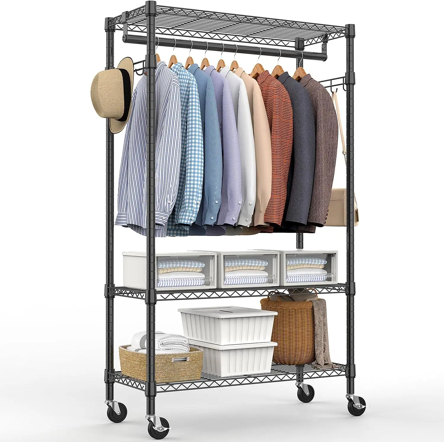 Heavy Duty Rolling Garment Rack 3 Tiers Adjustable Wire Shelving Clothes Rack with Rods Side Hooks, 15.7