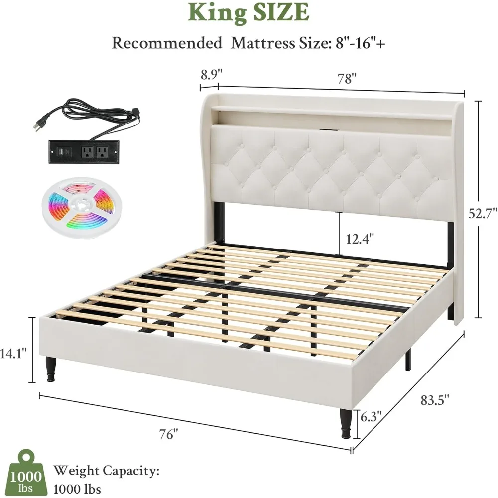 

52.7"-55" Adjustable Upholstered Platform Bed with LED Lights & Charging Station, Moder