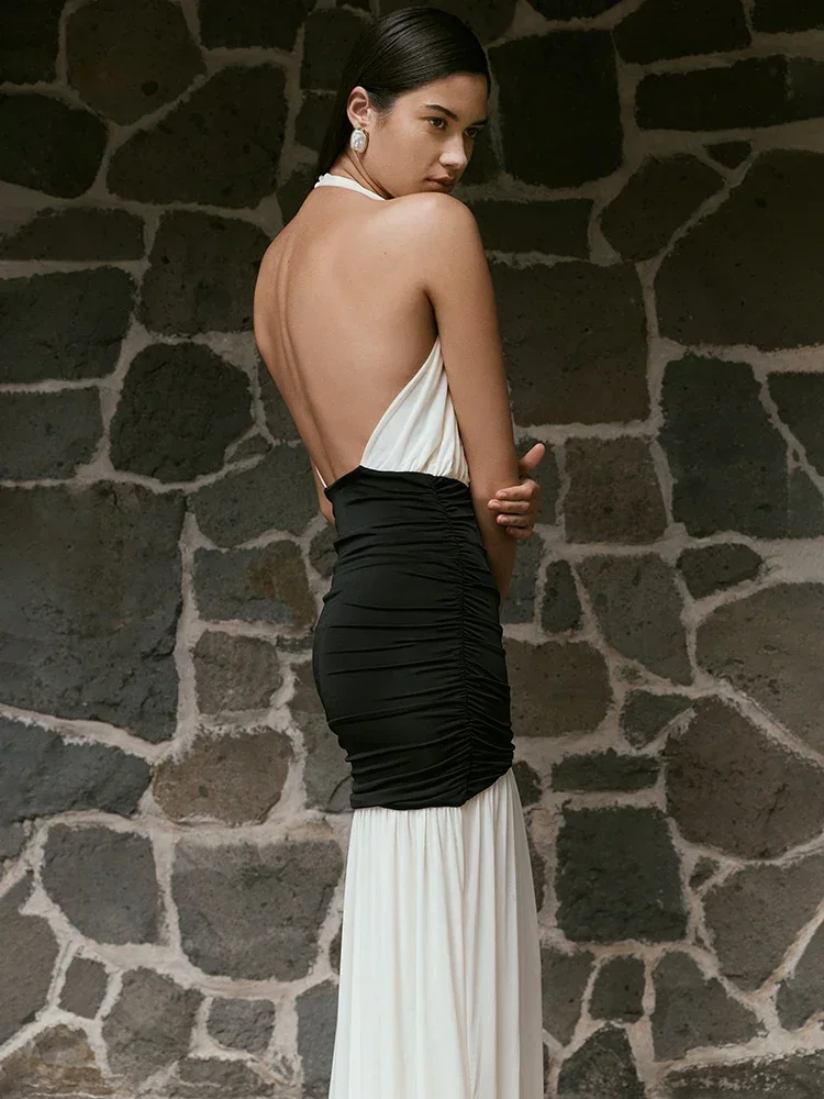 Chaxiaoa Patchwork Halter-Backless Sexy Maxi Kleid Frauen Kleid Elegante Tiefem V-ausschnitt Ärmellose Hohe Taille Bodycon Club Party Kleid