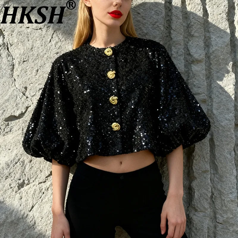 

HKSH Women Shirt O-neck Single Breasted Puff Sleeves Sequined Versatile French Elegant Luxury High-end Top Spring Summer HK22058