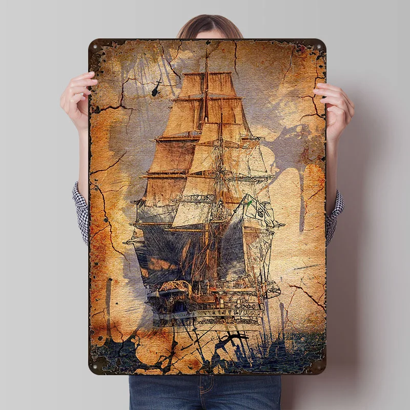 

Old Sailing Ship Poster Customized Vintage Metal Signs Wall Art Retro Tin Plaque for Gaming Room Decoration Cozy House Interior