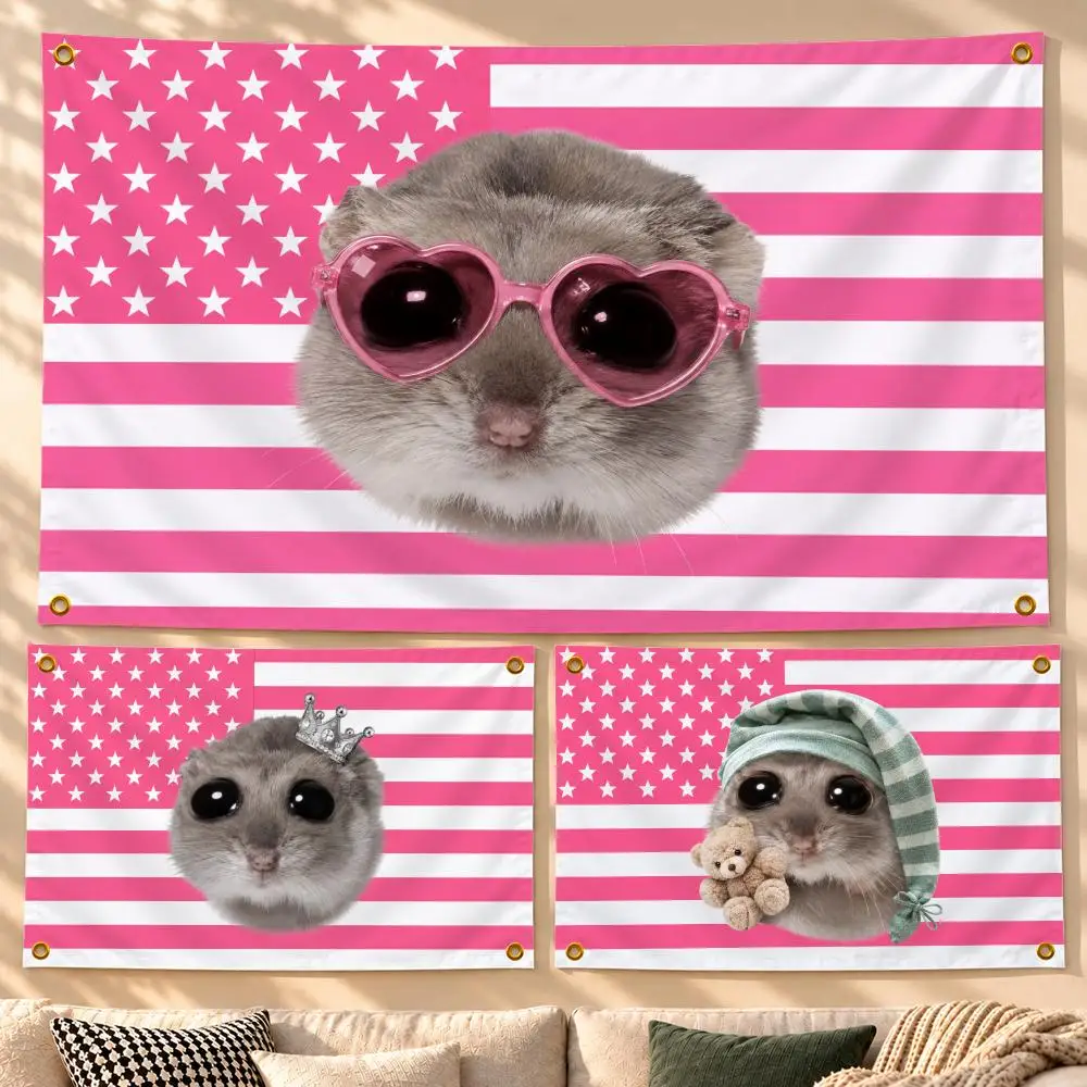Meme Funny Sad Hamster Pink USA flag Flags Decor Flag Banner Indoor Outdoor Wall Decor for Garden Yard Porch Patio