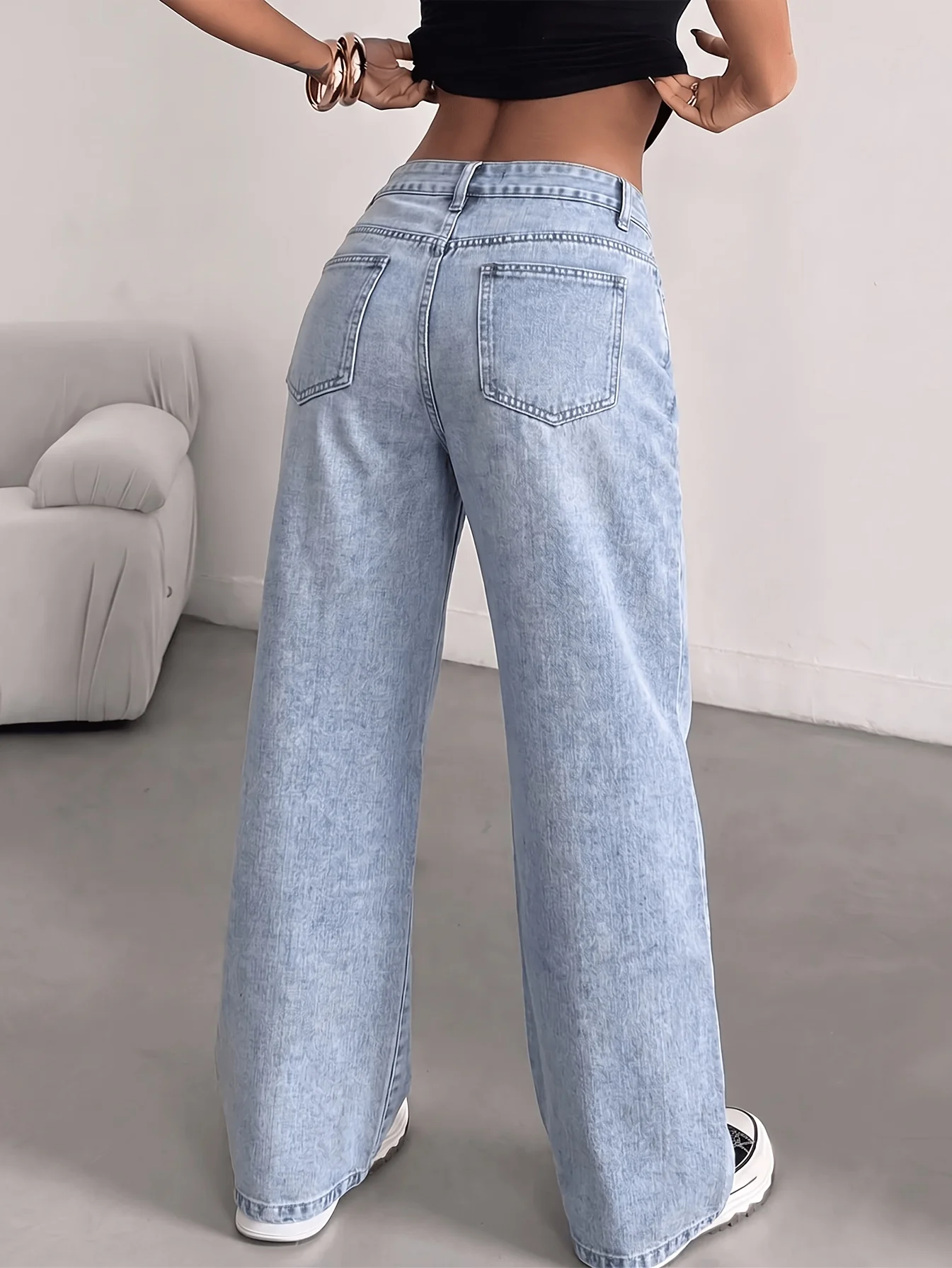 Women High Waist Single Row Button Wide Leg Jeans Vintage Light Wash Loose Baggy Denim Pants Casual Streetwear Long Trousers Wit