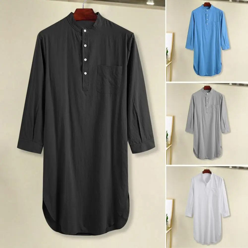 Versatile Shirt Men's Long Sleeve Solid Color Pajama Shirt with Button Design Versatile Nightgown for Daily Wear Comfortable